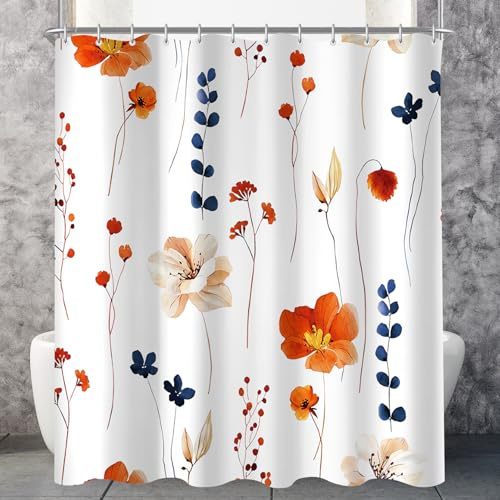 Lerores Duschvorhang 240x200 cm Orange & Navy Blume,Beschwerter Saum Antischimmel,Wasserabweisend, Waschbar Polyester Badevorhänge mit 16 Ösen und Duschvorhangringe für Badezimmer,Badewanne