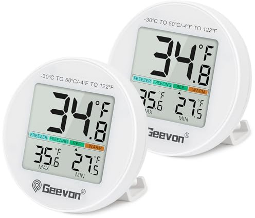Geevon Small Digital Refrigerator Thermometer 2 Pack, IP65 Waterproof Commercial and Home Use, Max/Min Record Function with LCD Screen, Stand and Magnetic Back, for Fridge, Freezer Scenarios