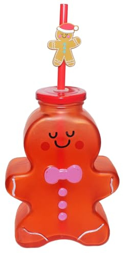Widdle Gifts Christmas Drinking Glass Cup with re-usable Straw Novelty Shape Glass with Lid (Gingerbread Man 8786)