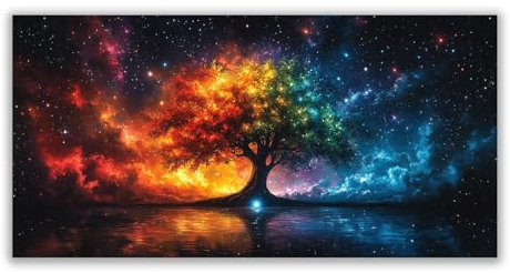BOHUO Rosso, verde Quadri Moderni Albero della vita Stampa Tela, Albero colorato XXL Quadro soggiorno salotto camera letto ufficio bagno bar ristorante-50x100cm Non incorniciato
