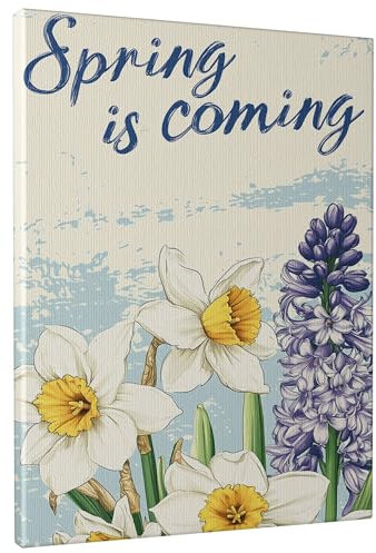 Toile murale florale printanière, jonquille jaune vif et jacinthe violette, décoration murale saisonnière pour salon, chambre à coucher, salle de bain, sans cadre, 40,6 x 50,8 cm
