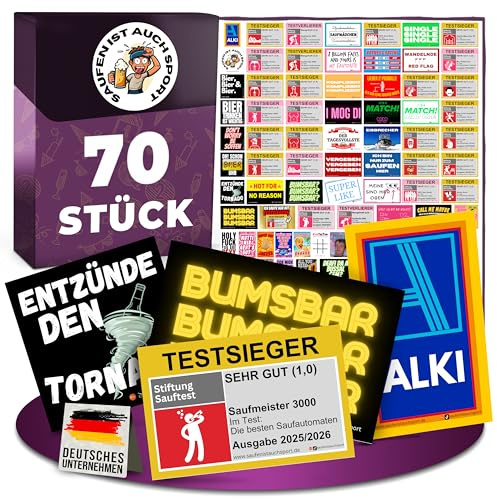 Malle Sticker 70 Stück – Lustige Aufkleber für Mallorca Partys | Perfekte Malle Accessoires für jede Mallorca Party – jedes Motiv 1 mal, ideal für JGA, Festival, Saufparty und Oktoberfest.