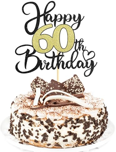 Sotpot 1PC 60th Birthday Cake Topper Black Gold Glitter Cake Pick Heart Pattern Cake Decoration for 60th Milestone Birthday Party Supplies