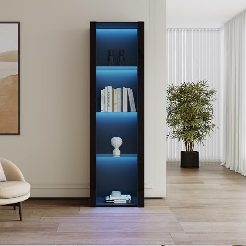 Hochglanz Vitrine mit LED-Beleuchtung 3 Glasböden Standvitrinen 55x38x166 cm Hochschränke für Wohnzimmer Esszimmer Küche Schlafzimmer Büro Lagerschränke Schwarz