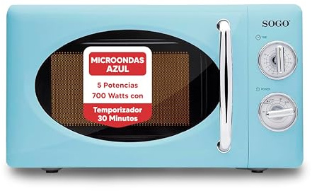 SOGO Microondas Azul Vintage 20L con 5 Potencias y Función Descongelar - Microondas Retro sin Grill 700W con Temporizador 30 Minutos - con Plato Giratorio para Cocina Retro