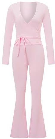 SANSIWU 2-teiliges Ballett-Outfit für Damen, 2 Stück, mit Schnürung am Saum, langärmelig, Ballett, Pilates, Yoga, Wickel-Shirts und Schlaghosen, Set für Workout, Ausgehen