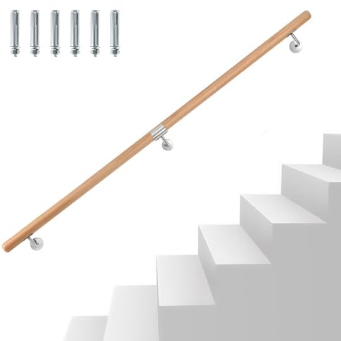 Eikuavons Corrimano in legno di faggio, 200 cm, ringhiera da parete con supporto da parete e tappi terminali, corrimano in legno antiscivolo, ringhiera per scale, balcone, rotondo, diametro 42 mm