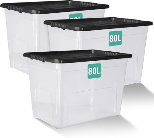 Klass 3 PCS 80L Plastic Storage Boxes With Lids Large Storage Box Black Lid | 3 Pack, 80 Litre Large Heavy Duty Nestable Stackable Storage Box, Big Storage Containers For Home, Garage, Moving, Office