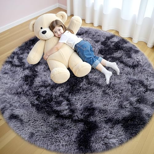 smiry Hochflor Teppich Wohnzimmer, 160cm Rund, Hellgrau | Waschbar Anti-Rutsch Moderner Flauschiger Kuscheliger Teppich für Wohnzimmer, Schlafzimmer, Kinderzimmer