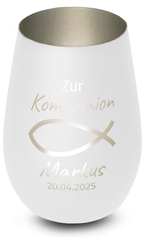 Christliches Windlicht „Zur Wunschtext“ – personalisiertes Geschenk zur Taufe, Kommunion, Konfirmation, Firmung – Name & Datum – Fisch-Symbol – christliche Deko - Weiß, innen Silber