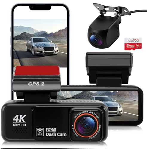 Dashcam Voiture Avant Arrière 4K+2K, Caméra Embarquée Voiture avec Carte SD 64Go, ADAS, BSD, WiFi, GPS, Grand Angle 170°, Capteur G, Vision Nocturne, Enregistrement en Boucle, Mode Parking 24H