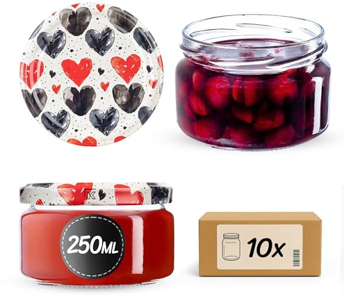 KADAX 10er Set Einmachgläser 250ml TO66 Herzen, Marmeladengläser Vorratsgläser Mason Jar mit Schraubdeckel, Luftdicht & Spülmaschinenfest, Honig- & Dessertgläser