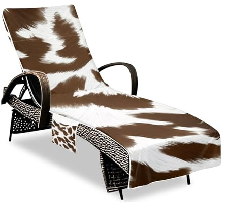 JUMBEAR Brown and White Cowhide Pattern Portable Beach Towel, Beach Chair Cover Towel with Pockets, Sun Lounger Beach Towel, Microfiber Chaise Lounge Towel Cover for Summer Outdoor Garden Pool Vacati