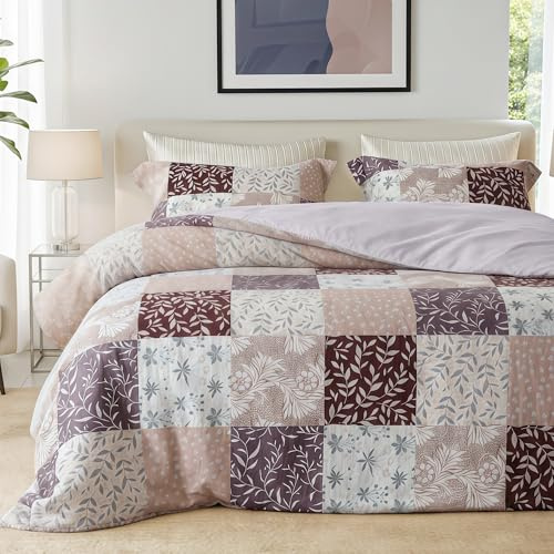 Exclusivo Mezcla 7.5 Tog Patchwork King Size Coverless Duvet Set, 3 Pieces | 220x230 cm Lightweight Quilt, 2 Pillowcases 50x75 cm, Soft Microfiber Bed Cover Bedding for Bedroom, All Seasons, Brown