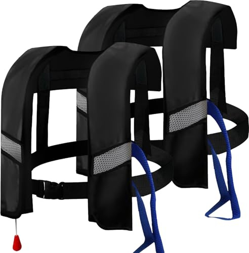 2-Pcs Automatic Inflatable Life Jacket,Adjustable Nylon Swim Vest with CO2 Inflation, Reflective Strips & Safety Buckle. (Black)