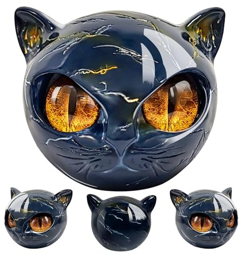 TOGETDREAM Black Cat Stone Sculpture, Cat Stone Sculpture Figurine Cat Head Figurine With Marble Texture & Amber Eyes Kitten Figures Healing Stones Ornaments for Home Office Decor Cats Lover