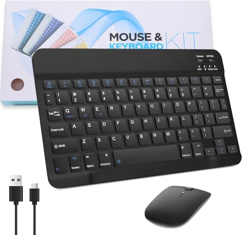 Ultra-Slim Bluetooth Keyboard and Mouse Combo 10 inch Wireless Keyboard and Mouse Set 2.4GHz Portable Rechargeable Bluetooth 3.0 Silent Keyboard for iPad, Mac, Windows, Android Smartphone, Black