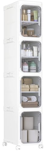 Bathroom Storage, 4 Tier Narrow Bathroom Cabinet with Wheels, Clear Smoke | Slim Bathroom Storage Unit Free Standing with Removable Shelf for Toilet Roll, Towel, Shower