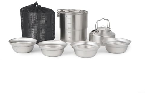Sileduove Outdoor 304 Edelstahl-Kochgeschirr-Set, 7-teilig, mit leichtem Design, inklusive Wasserkocher, Dampfschale, Pfanne und Netz-Aufbewahrungstasche für Camping (A)