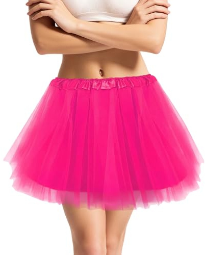 Jupe Tutu pour Femme, Jupe en Tulle Courte pour Femme, Tulle Tutu Jupe, Taille Elastique, avec Quatre Couches de Doublure, Vêtements pour Adulte, pour Halloween et le Carnaval (Rose)
