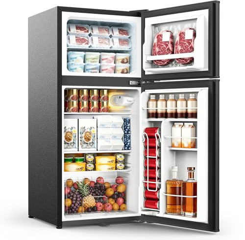WELLENT 127L Fridge with Freezer, Double Door Compact Fridge with LED Light, 7-Stage Thermostat, 4 Glass Shelves, 43dB Ultra-Quiet Energy Efficient for Dorm, Office and Bedroom, Black