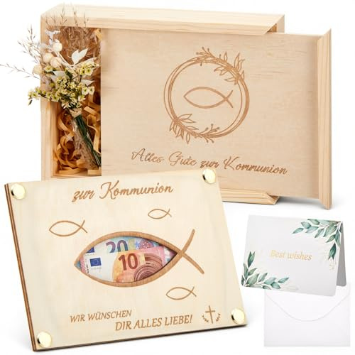 Maitys Set di 4 Regali in Legno con Soldi per Prima Comunione Include Scatola Regalo con Soldi, Biglietto, Biglietto in Legno con Motivo a Pesce, Fiori Secchi, Decorazione per Bambine e Bambini