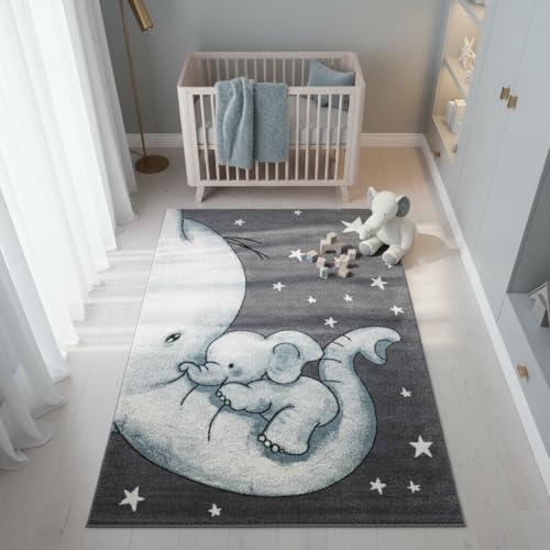 KADIMA DESIGN Kinderteppich Elefanten-Motiv Pflegeleicht Bunt Waschbar Strapazierfähig Blau 80x150 cm Kinderzimmer Fußbodenheizung geeignet Schadstoffgeprüft Babyzimmer Oeko-TEX | LAGO
