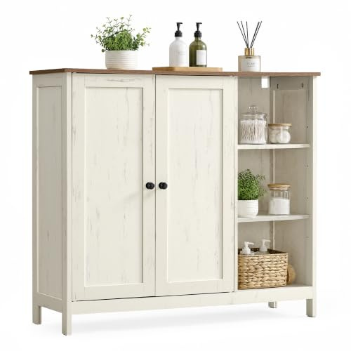VASAGLE Badschrank, mit 2 Türen und offenen Fächern, 90 x 30 x 80 cm | Aufbewahrungsschrank, aus MDF, 1 Stück, für Badezimmer, Rustikales Weiss und Honigbraun, SIREN Kollektion BBK070WJ01