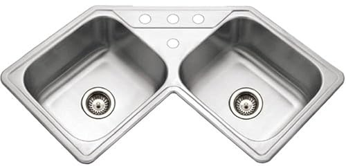 Houzer Legend Stainless Steel Kitchen Sink: 32 Inch Drop-in Topmount 4-Hole 50/50 Double Bowl Corner Kitchen Sink with Strainer, Durable & Versatile, Essential for Home & Apartment: LCR-3221-1