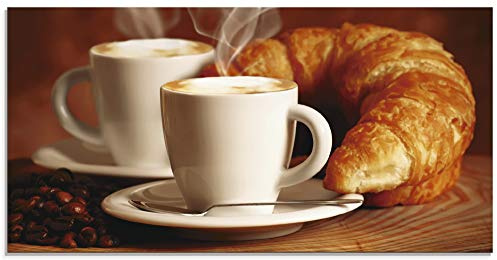 ARTland Wanddeko Glasbilder Wandbild Glas Bild einteilig 60x30 cm Querformat Kaffee Coffee Cafe Cappuccino Kaffeebohnen Croissant Frühstück T5XO
