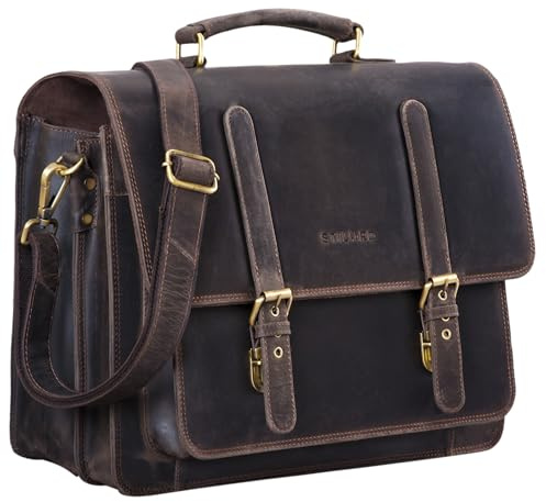 STILORD Andro Lärar Aktentasche Läder Vintage Axelväska med 14 tum Laptopfack Affärsväska för breda DIN A4 Dokument Mappar av äkta läder Farbe:Mörkbrun