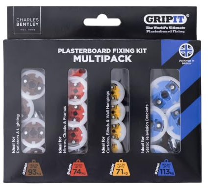 Grip-it Mixed Plasterboard Fixing Kit - Supports Heavy Loads on Plasterboard Walls Up To 113kg | Suitable for Drywall, Stud Walls, Dot & Dab, Ideal for TV Brackets & Shelves, Easy Install – UK Designed
