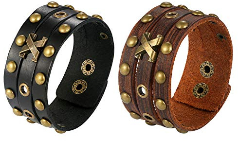 JewelryWe Schmuck Herren Retro Breit Lederarmband Punk Rock Kreuz Nieten geflochten Leder Armreif Manschette Druckknopf Biker Armband verstellbar Schwarz/Braun