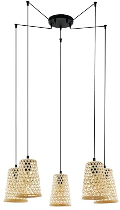 EGLO Pendelleuchte Claverdon,5 flammige Hängelampe Vintage, Natur, Boho | Hygge, Hängeleuchte aus Stahl, Holz in Schwarz, Naturfarben, Esstischlampe, Wohnzimmerlampe hängend mit E27 Fassung