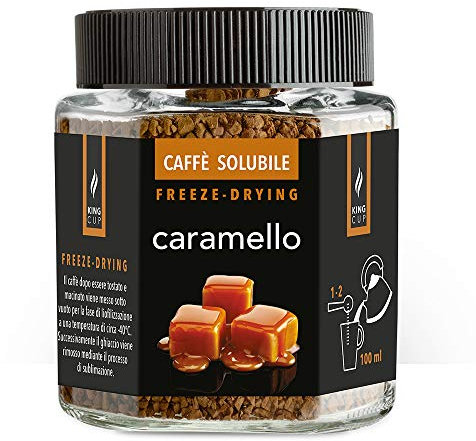 King Cup - 1 Pot de 50 gr de Café Soluble au Caramel, Café Instantané Aromatisé au Caramel avec Extra Solubilité, Idéal pour les Petits Déjeuners, Brunch, Iced Coffee, Sans Gluten, Végétalien