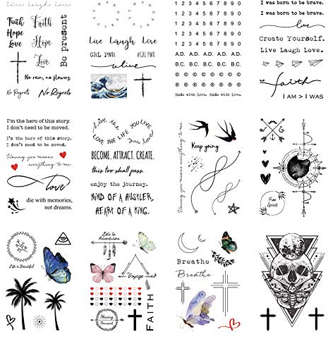 Everjoy Realistische Temporäre Tattoos – 16 Blätter, inspirierende Zitate, Live Laugh Love, Faith, Hope, Breathe, Boho, Schmetterling, Herz, Kreuz, Infinity Tattoos