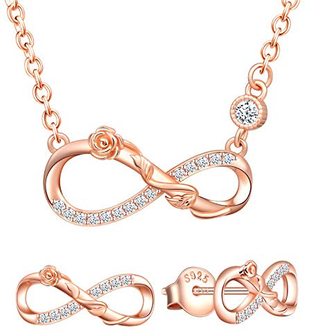 Yumilok Damen Schmuckset Halskette mit Rose Unendlichkeit Anhänger & Damen Ohrstecker Ohrringe aus 925 Sterling Silber