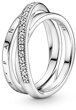 PANDORA Signature Anello con pavé incrociato a tripla fascia in argento Sterling con zirconi cubici trasparenti, 56