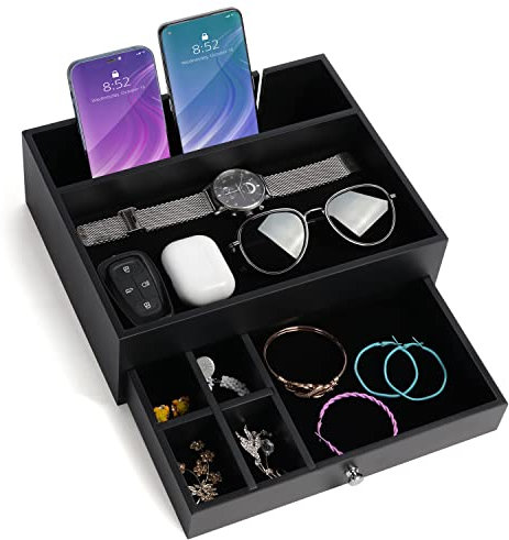 BELLE VOUS Schwarzers Kunstleder Tablett mit 7 Fächern und Schublade - Taschenleerer Leder für Brieftasche, Telefon, Schlüssel, Schmuck, Herrenaccessoires und Geld - Nachttisch Organizer