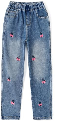 KIDSCOOL Jeans Filles Brodés Taille Élastique Côtelée 4-15T | Jeans broderies fleurs pour grandes filles, style papillon mignon, taille élastique confortable, tenue scolaire ado mode