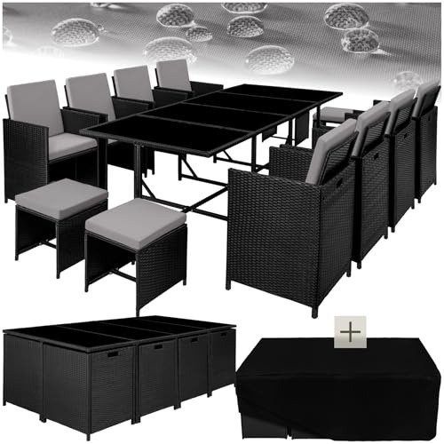 tectake Salon de Jardin en Résine Tressée - Ensemble Repas Extérieur 8 Chaises Confortables 4 Tabourets 1 Table - Mobilier pour Aménagement Balcon Terrasse - Noir/Gris