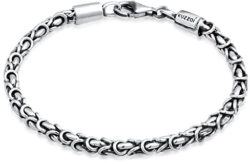 Kuzzoi Pulsera de Buda de plata para hombre, pulsera bizantina hecha a mano (4 mm) de plata de ley 925 oxidada, pulsera bizantina maciza para hombre, peso 16 g, 21, Plata de ley