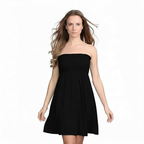 LUXE DIVA New Womens Ladies Sheering Top Strapless Bandeau Dress Top Jersey Ladies Plus Size Boobtube Dress UK 8-22 Black