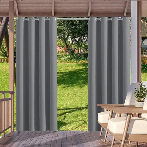 HUAXIQUE Outdoor Vorhang Wasserdicht Wetterfest Blickdicht 274X132cm Grau Verdunklungs Vorhänge mit Ösen Sichtschutz Sonnenschutz Outdoor Gardine für Balkon Terrasse Pergola Gartenlaube Veranda