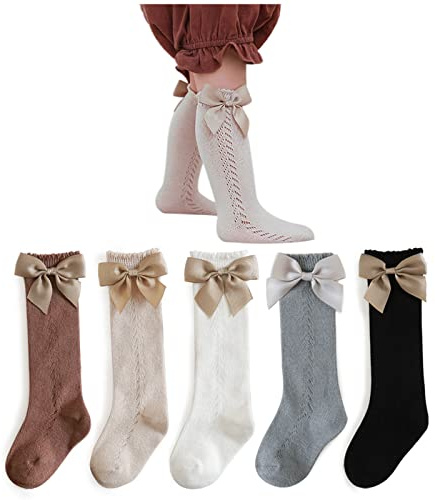 DRESHOW Knähöga Strumpor För Barnflickor Småbarn Klädsockor Baby Bow Stocking Bomullsstrumpor för Spädbarn