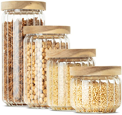 Econovo® Vorratsgläser geriffelt (300ml - 500ml - 700ml -1000ml | 4-tlg.), stapelbar und luftdicht, Vorratsbehälter mit Rillen Set, Vorratsdosen Glas-Behälter für Lebensmittel groß & klein