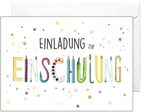 CALLUNA® – Einladungskarten zur Einschulung mit Relieflack und bunten C6-Versandhüllen – Bunte Einladung mit schönem Motiv für Kinder zum Schulbeginn – Liebevoll gestaltete Einladung zur Einschulung