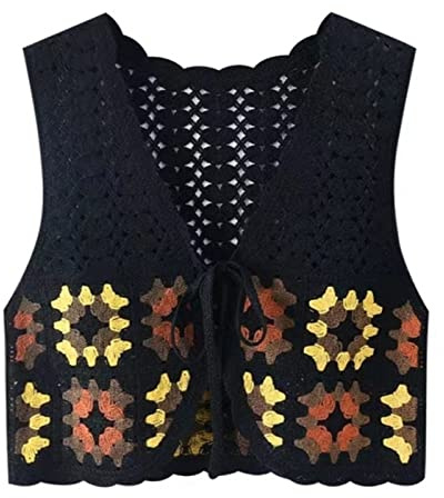 Knitted Vest Tops For Women,Womens Flower Crochet Waistcoat Retro Khaki Hollow Square Flowers Sleeveless Open Front Tie Short Vest Shawl Cardigan Knit Boho Hippie Gilet Blouse Summer Bikini Cover Up
