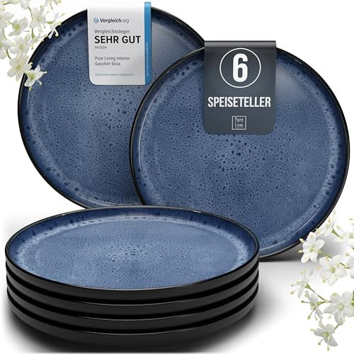 Steingut Teller Groß 6 Personen Ibiza TESTSIEGER, Traumhaftes Mediterranes Steingut Speiseteller Set, Stylisches Essteller Set, Pure Living in Tiefblau