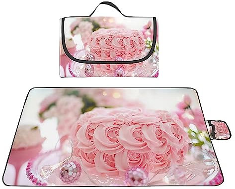 Picknickdecke 200x300cm,XXL Picknickdecke mit Wasserdichter Unterseite,Outdoor Stranddecke Sandfrei,mit Tragegriff Faltbare Picnic Blanket für Camping,Strand,Park,Familie,Konzerte Rosa Rosenkuchen